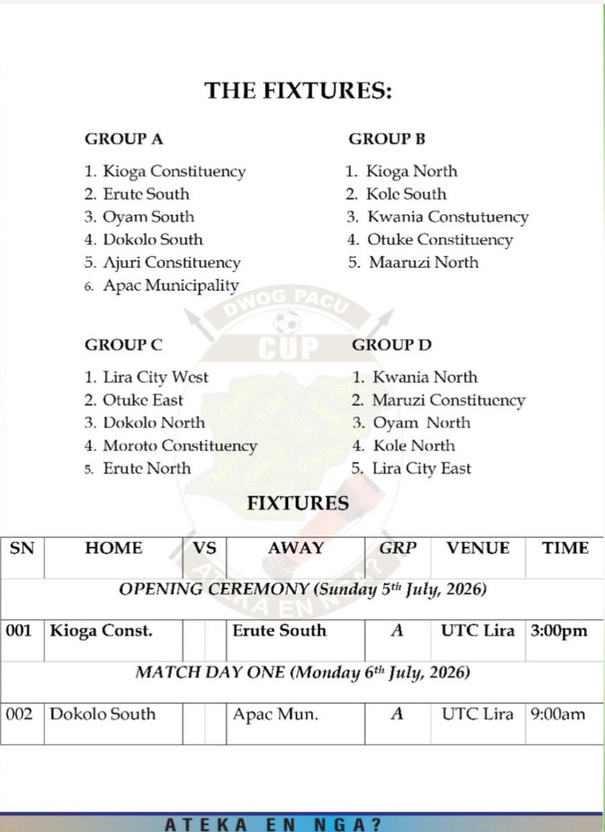 Dwog Pacu Cup 2026 Kicks Off 5th July: Kioga County vs Erute South to Open at UTC Lira